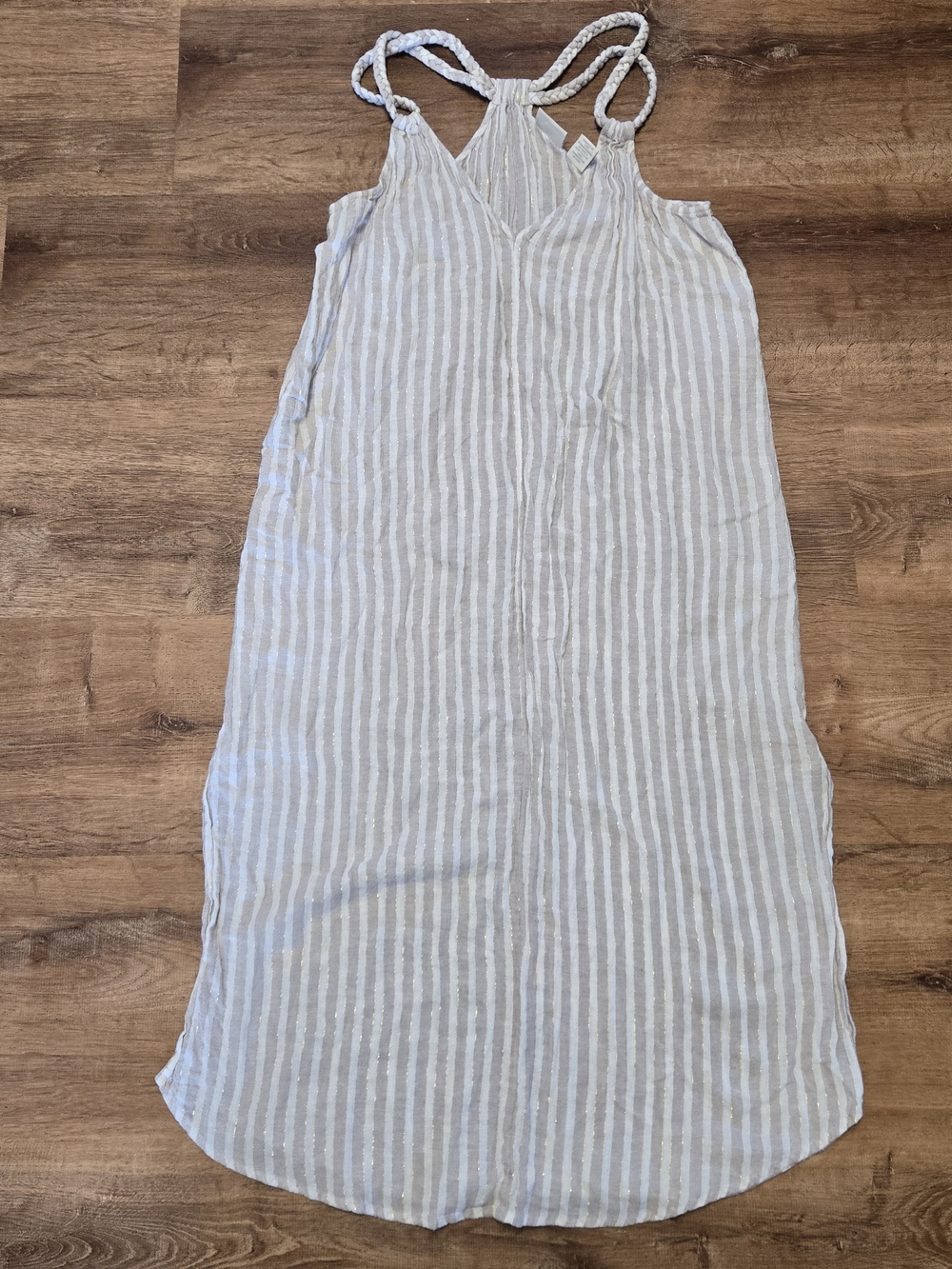 Rachel Ashwell Tan WhitStriped Midi Dress with Braided Straps  Linen Blend Large